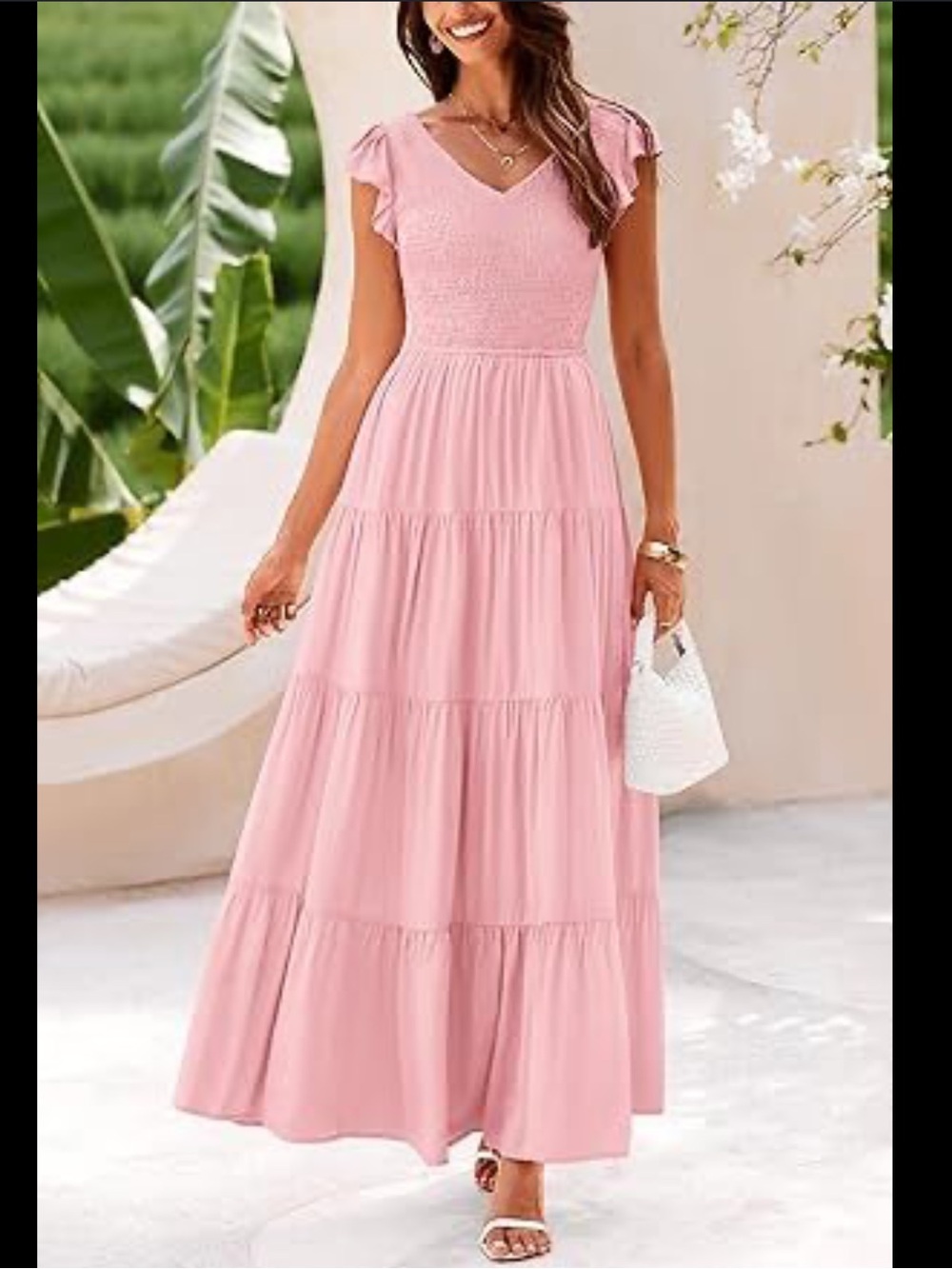 Smocked V-Neck Pink Tiered Maxi Dress - Women's Summer Style
